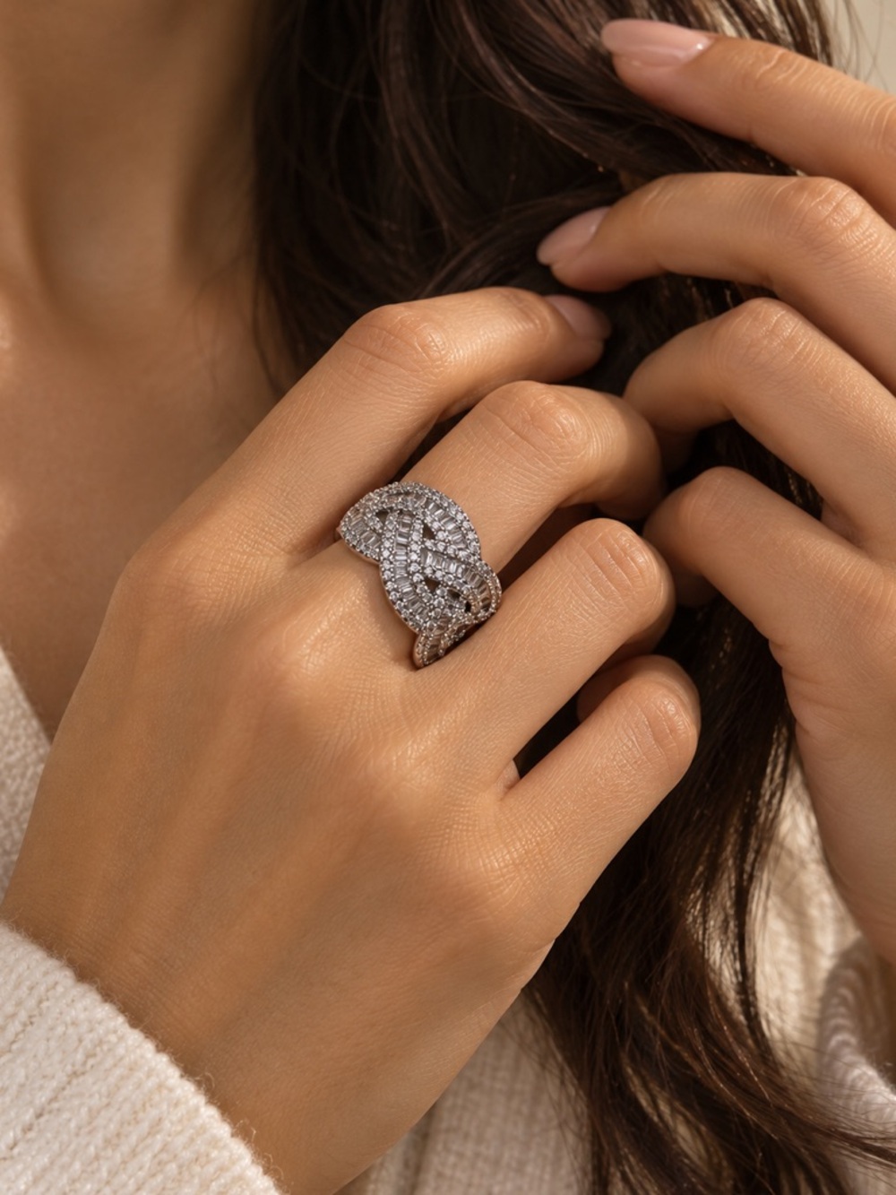 Silver-Tone Pavé Crystal Statement Ring